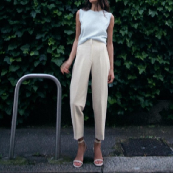 ZARA XS sand colored (beige / tan) high-wasted tapered fit pants with darts NWT - Picture 2 of 4